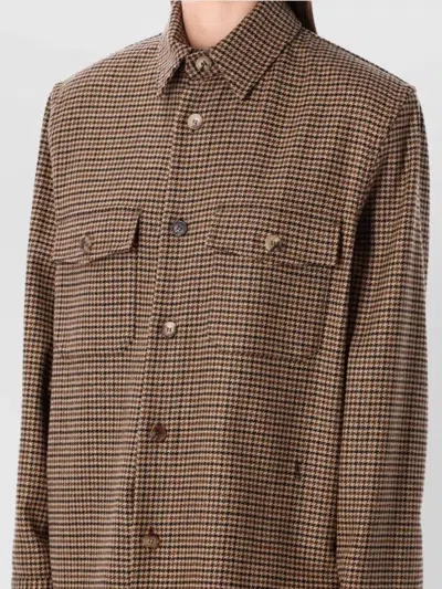 Saint Laurent Long Sleeve Checkered Overshirt Chest Pockets In Brown