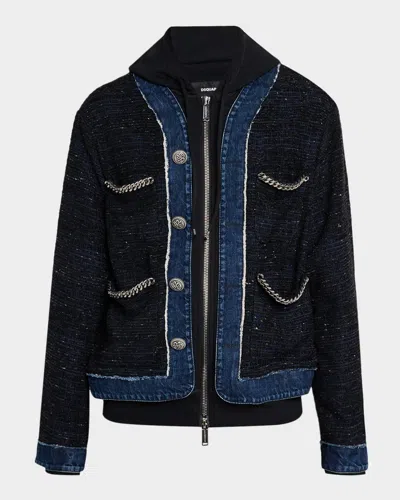 Dsquared2 Chain-trimmed Tweed Jacket In Blue