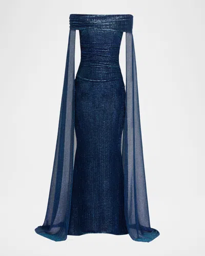 Talbot Runhof Metallic Off-the-shoulder Cape Gown In Blue