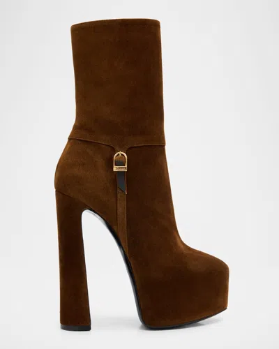 Saint Laurent Nico 155 Suede Platform Ankle Boots In Brown