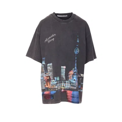 Alexander Wang Women T-shirt With Thermo-applied Rhinestones And Shanghai Skyline In Black