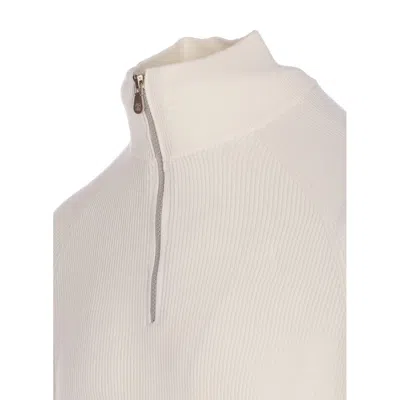 Brunello Cucinelli Men English Rib Cotton Sweater With Zip Opening In Neutral
