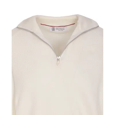 Brunello Cucinelli Men English Rib Cotton Sweater With Zip Opening In Neutral
