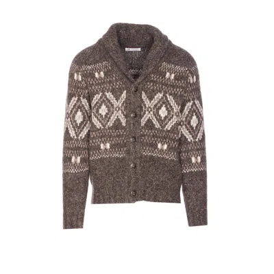 Brunello Cucinelli Wool Cardigan V-neck Geometric Pattern In Brown