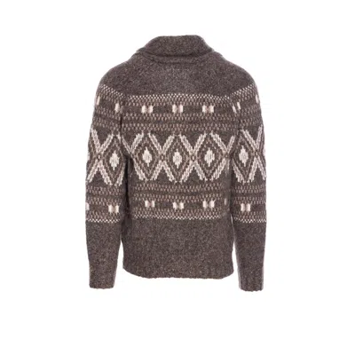 Brunello Cucinelli Wool Cardigan V-neck Geometric Pattern In Brown