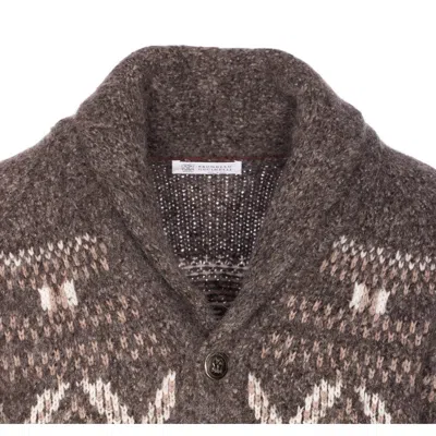 Brunello Cucinelli Wool Cardigan V-neck Geometric Pattern In Brown