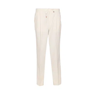 Brunello Cucinelli Men Leisure Fit Trousers In Ribbed Velvet With Drawstring And Double Pince In Neutral