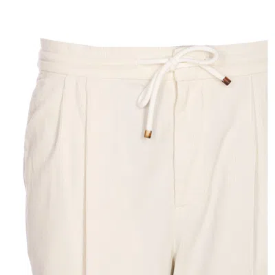 Brunello Cucinelli Men Leisure Fit Trousers In Ribbed Velvet With Drawstring And Double Pince In Neutral