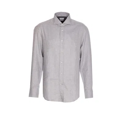 Brunello Cucinelli Chevron Motif Flannel Shirt With Button-down Collar In Gray