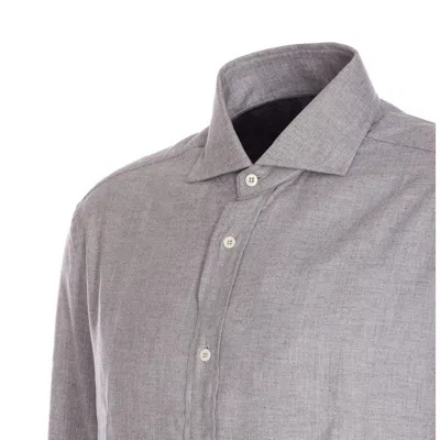 Brunello Cucinelli Chevron Motif Flannel Shirt With Button-down Collar In Gray