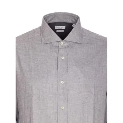 Brunello Cucinelli Chevron Motif Flannel Shirt With Button-down Collar In Gray