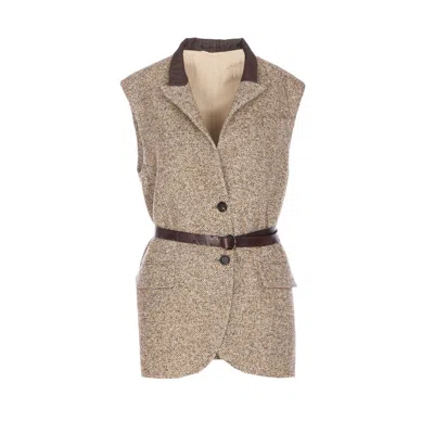 Brunello Cucinelli Waist Belted Lapel Sleeveless Textured Jacket In Gray