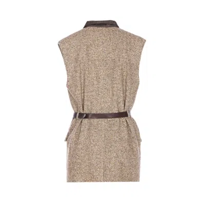 Brunello Cucinelli Waist Belted Lapel Sleeveless Textured Jacket In Gray