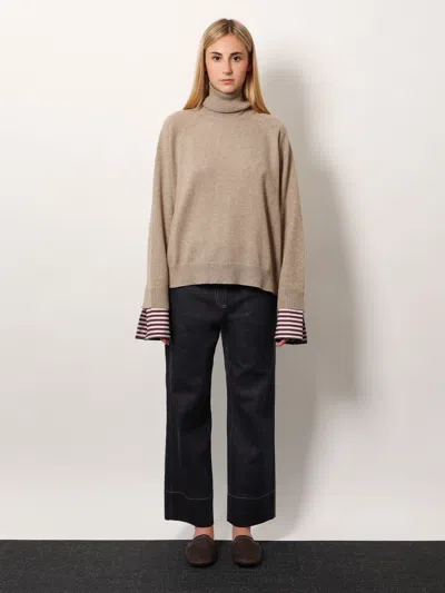 Brunello Cucinelli Women Turtleneck Sweater With Shiny Shirt Details In Brown