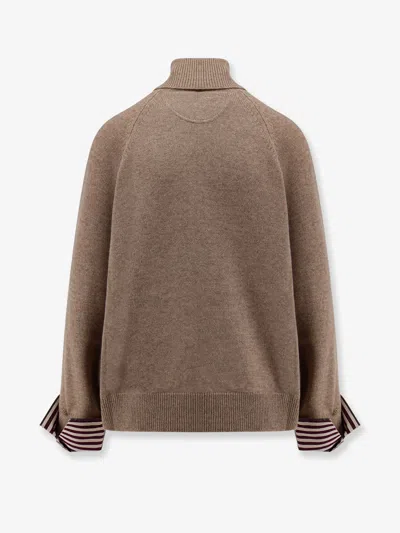 Brunello Cucinelli Women Turtleneck Sweater With Shiny Shirt Details In Brown