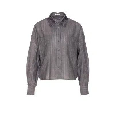 Brunello Cucinelli Striped Sequin Collar Long Sleeve Top In Gray