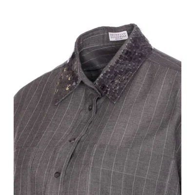 Brunello Cucinelli Striped Sequin Collar Long Sleeve Top In Gray