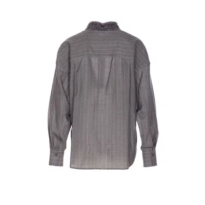 Brunello Cucinelli Striped Sequin Collar Long Sleeve Top In Gray