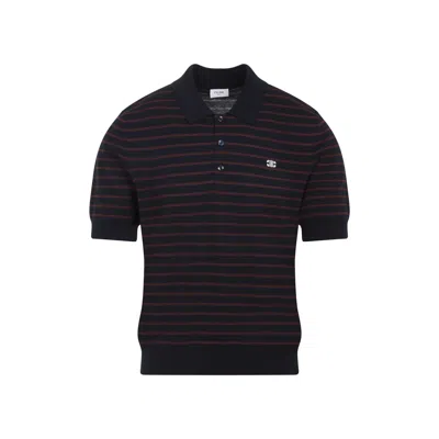 Celine Striped Short-sleeved Polo Sweater With Ribbed Hem In Blue