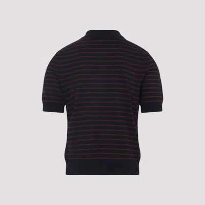 Celine Striped Short-sleeved Polo Sweater With Ribbed Hem In Blue