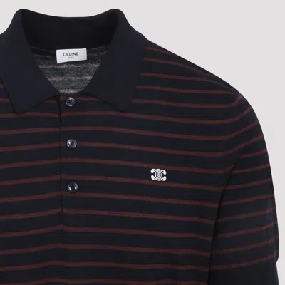 Celine Striped Short-sleeved Polo Sweater With Ribbed Hem In Blue