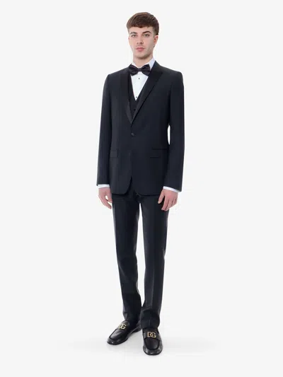 Dolce & Gabbana Men Virgin Wool Blend Tuxedo With Gilet And Satin Profiles In Black