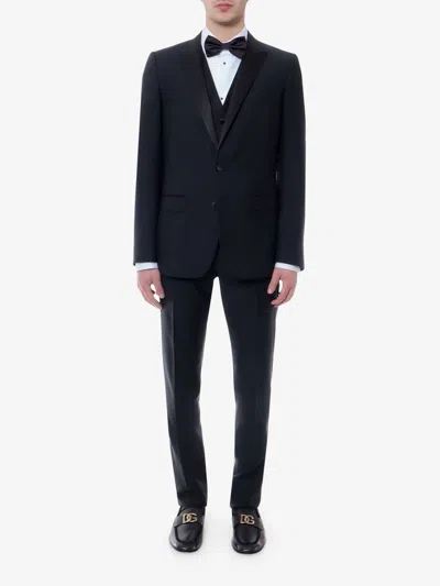 Dolce & Gabbana Men Virgin Wool Blend Tuxedo With Gilet And Satin Profiles In Black