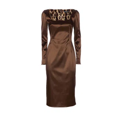 Dolce & Gabbana Long Sleeve Midi Dress With Animal Print Detail In Brown