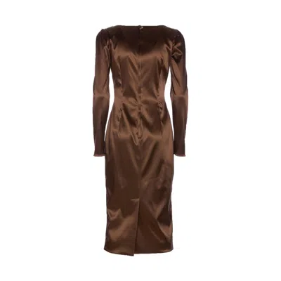 Dolce & Gabbana Long Sleeve Midi Dress With Animal Print Detail In Brown