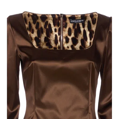Dolce & Gabbana Long Sleeve Midi Dress With Animal Print Detail In Brown