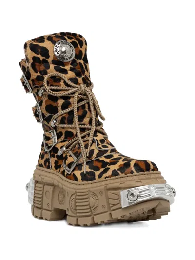 New Rock 100mm Leopard Print Buckled Combat Boots In Brown
