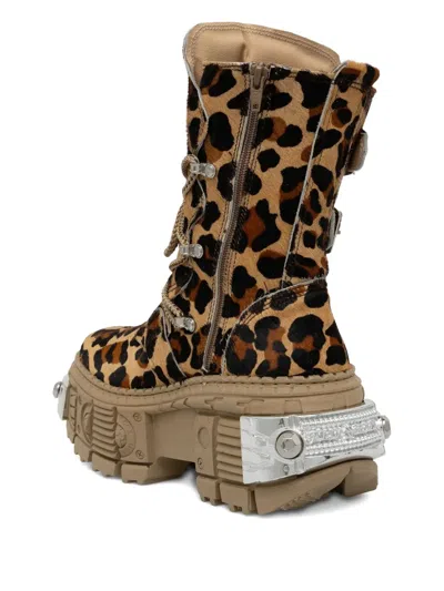 New Rock 100mm Leopard Print Buckled Combat Boots In Brown