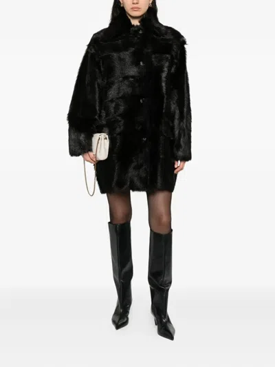 Alberta Ferretti Fur Texture High Collar Knee Length Jacket In Black