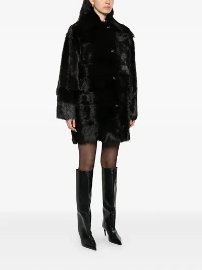 Alberta Ferretti Fur Texture High Collar Knee Length Jacket In Black