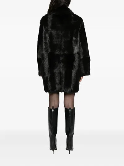Alberta Ferretti Fur Texture High Collar Knee Length Jacket In Black