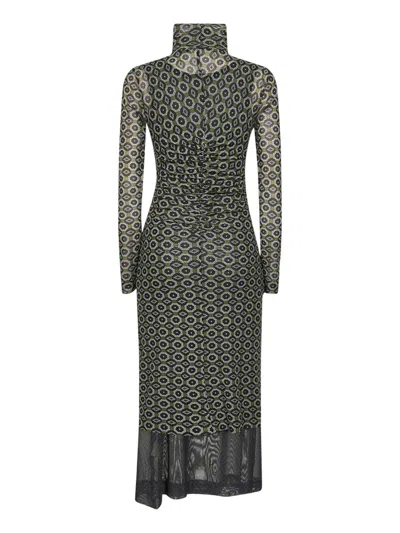 Dries Van Noten Mesh Layered Midi Dress With Asymmetrical Ruffles In Green