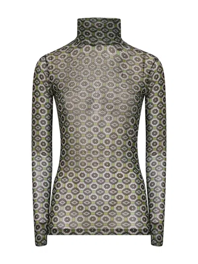 Dries Van Noten High Neck Mesh Top With Mini Tie Print In Green