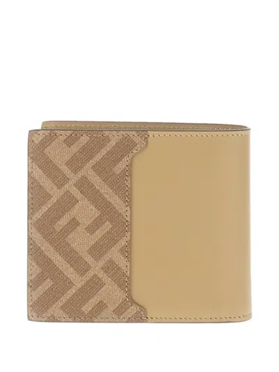 Fendi Beige Ff Canvas And Leather Compact Bi-fold Wallet In Brown