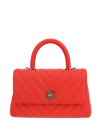 Pre-owned Chanel Coco Handle Chevron-quilted Satchel In Red