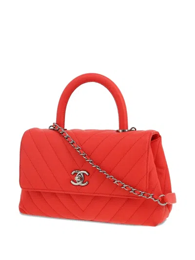 Pre-owned Chanel Coco Handle Chevron-quilted Satchel In Red