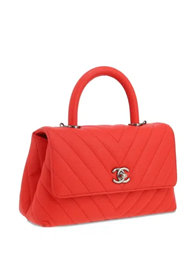 Pre-owned Chanel Coco Handle Chevron-quilted Satchel In Red
