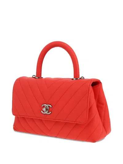 Pre-owned Chanel Coco Handle Chevron-quilted Satchel In Red