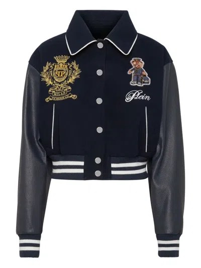 Philipp Plein Wool And Leather College Bomber Teddy In Blue