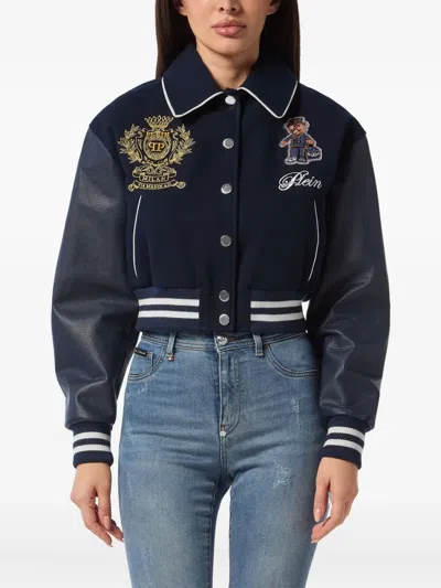 Philipp Plein Wool And Leather College Bomber Teddy In Blue