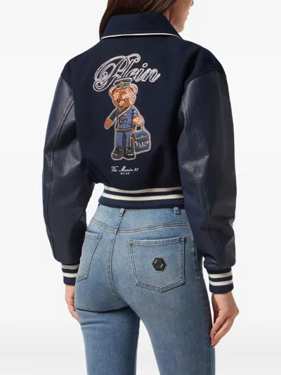 Philipp Plein Wool And Leather College Bomber Teddy In Blue