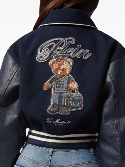 Philipp Plein Wool And Leather College Bomber Teddy In Blue