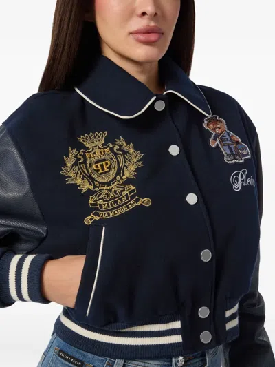 Philipp Plein Wool And Leather College Bomber Teddy In Blue