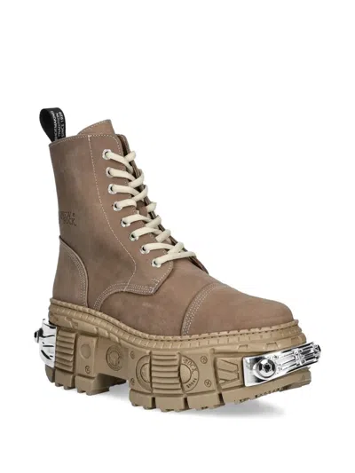 New Rock 100mm Lace-up Platform Combat Boots In Brown