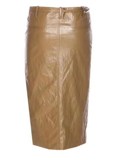 Ele Belted Front-split Midi Skirt In Brown