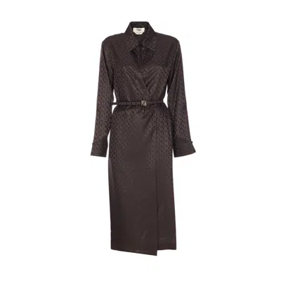 Fendi Ff Jacquard Silk Midi Shirt Dress In Brown